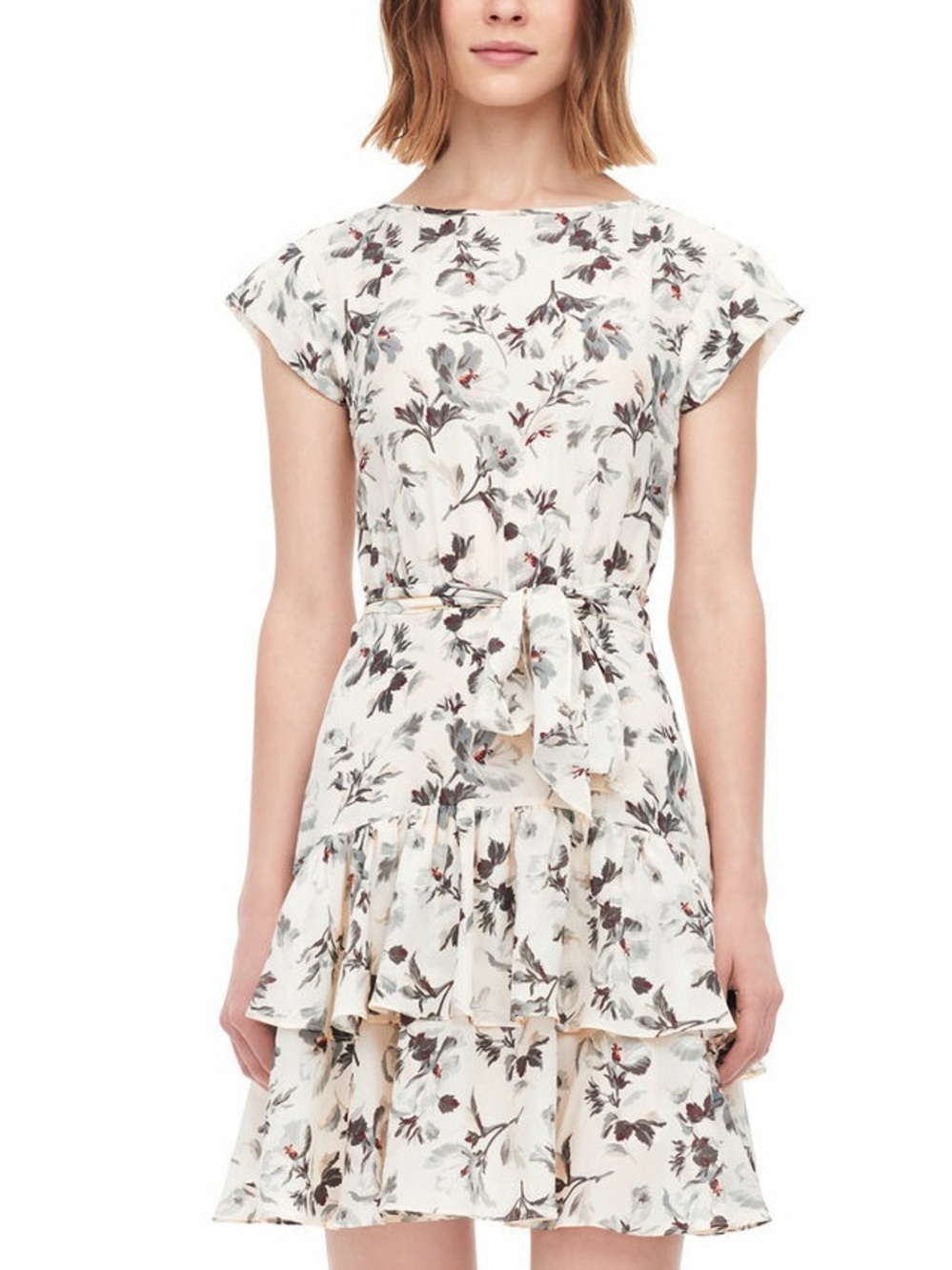 Rebecca Taylor Sofia Cream Floral Tie-Waist Tiered Silk Mini Dress